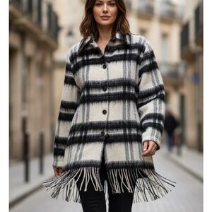 CARRE NOIR Plaid Collared Button Up Fringed Hem Coatigan, Women’s M, Black White